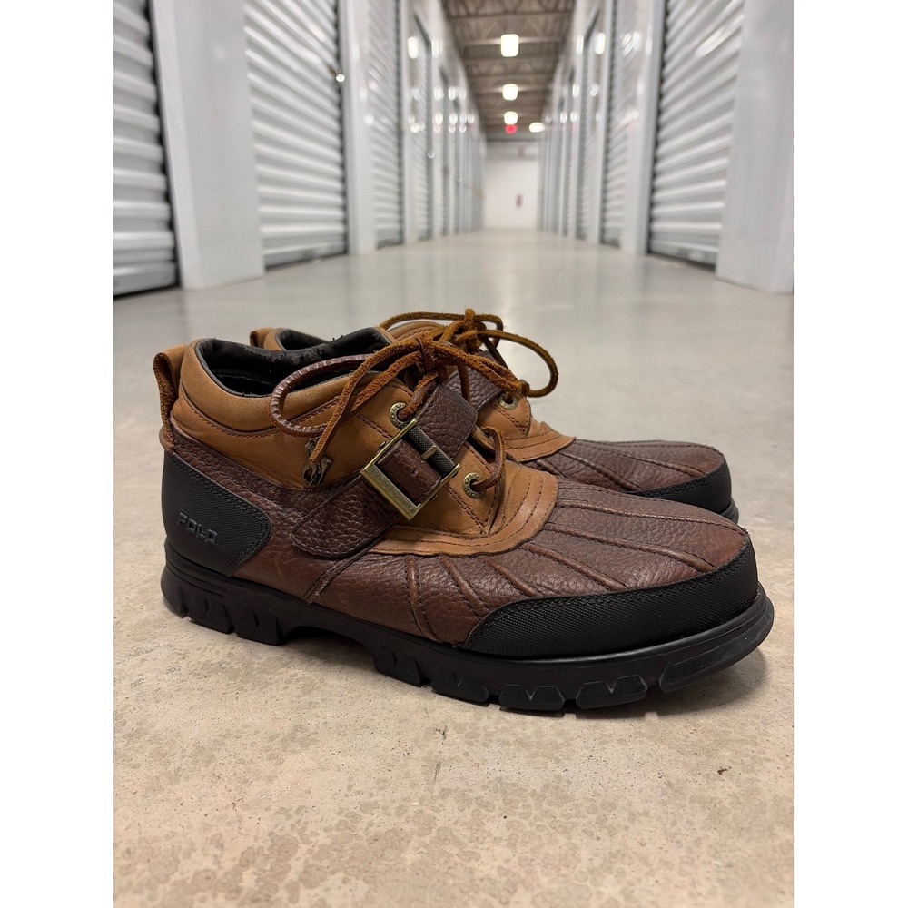 Polo Ralph Lauren Mens Brown Leather Duck Boots Buckle Strap Mid Top Lug Sole - Picture 4 of 6